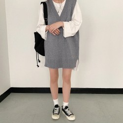 Dresses V-Neck Split Knitted Lace Up Sleeveless Style Elegant Lady Dress
