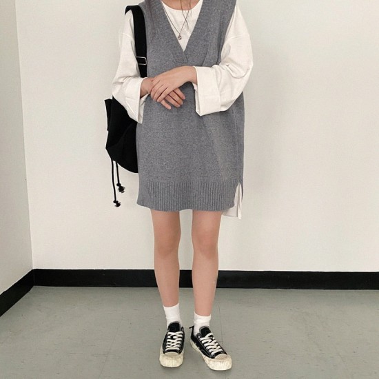 Dresses V-Neck Split Knitted Lace Up Sleeveless Style Elegant Lady Dress Dresses V-Neck Split Knitted Lace Up Sleeveless Style Elegant Lady Dress