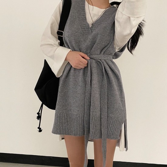 Dresses V-Neck Split Knitted Lace Up Sleeveless Style Elegant Lady Dress Dresses V-Neck Split Knitted Lace Up Sleeveless Style Elegant Lady Dress