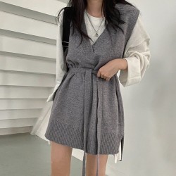 Dresses V-Neck Split Knitted Lace Up Sleeveless Style Elegant Lady Dress