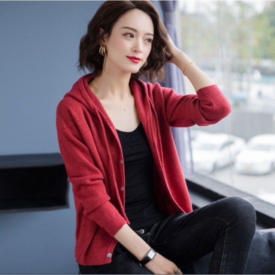 Casual Hooded Thin Knitted Sweater Female Loose Cardigans Coat Casual Hooded Thin Knitted Sweater Female Loose Cardigans Coat
