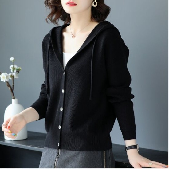 Casual Hooded Thin Knitted Sweater Female Loose Cardigans Coat Casual Hooded Thin Knitted Sweater Female Loose Cardigans Coat