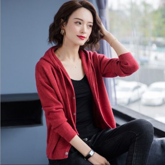Casual Hooded Thin Knitted Sweater Female Loose Cardigans Coat Casual Hooded Thin Knitted Sweater Female Loose Cardigans Coat