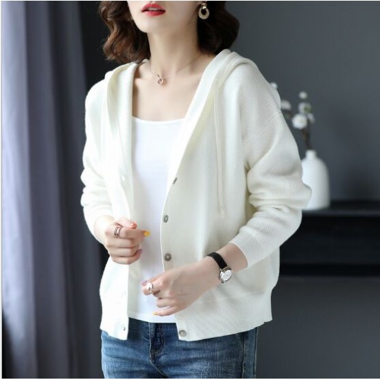 Casual Hooded Thin Knitted Sweater Female Loose Cardigans Coat Casual Hooded Thin Knitted Sweater Female Loose Cardigans Coat