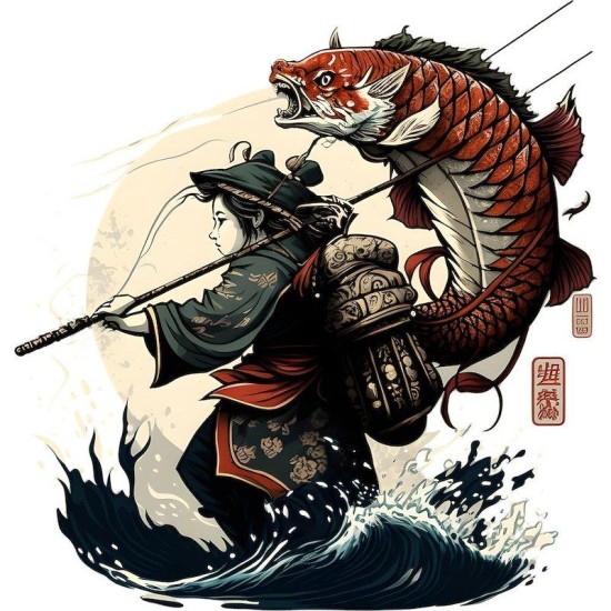 Japanese warrior catches a large fish Heart Keychain Japanese warrior catches a large fish Heart Keychain