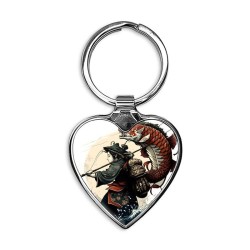 Japanese warrior catches a large fish Heart Keychain