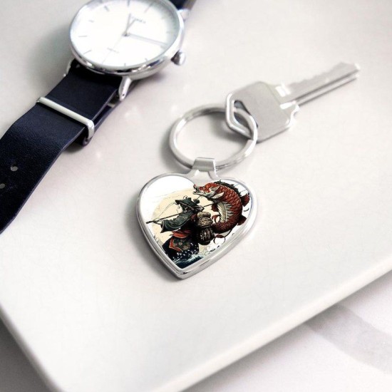 Japanese warrior catches a large fish Heart Keychain Japanese warrior catches a large fish Heart Keychain