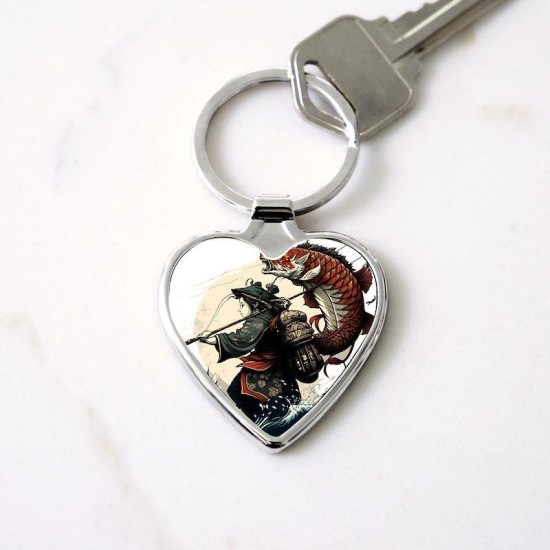 Japanese warrior catches a large fish Heart Keychain Japanese warrior catches a large fish Heart Keychain