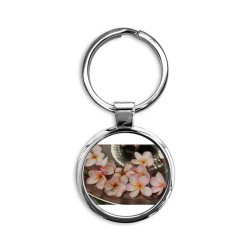 pink edged Hawaiian flowers in a m Circle Keychain
