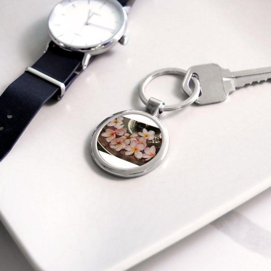 pink edged Hawaiian flowers in a m Circle Keychain pink edged Hawaiian flowers in a m Circle Keychain