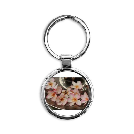 pink edged Hawaiian flowers in a m Circle Keychain pink edged Hawaiian flowers in a m Circle Keychain
