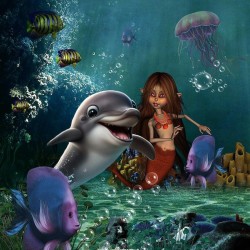 Cute mermaid and funny dolphin Heart Keychain