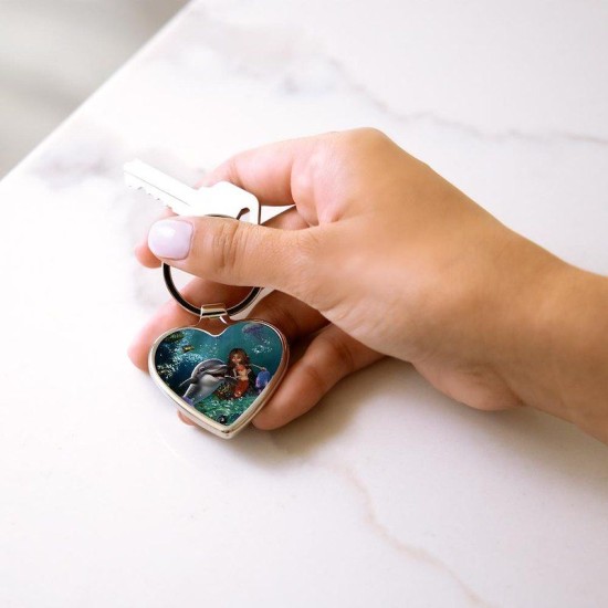 Cute mermaid and funny dolphin Heart Keychain Cute mermaid and funny dolphin Heart Keychain