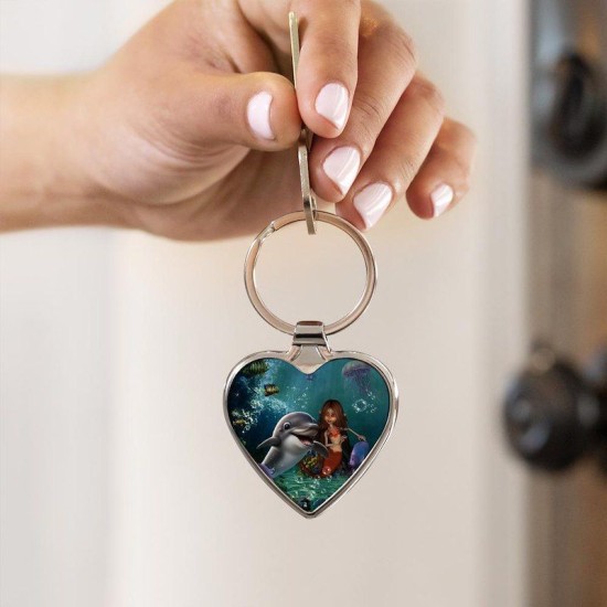 Cute mermaid and funny dolphin Heart Keychain Cute mermaid and funny dolphin Heart Keychain