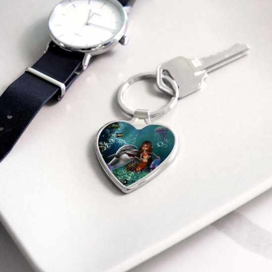 Cute mermaid and funny dolphin Heart Keychain Cute mermaid and funny dolphin Heart Keychain