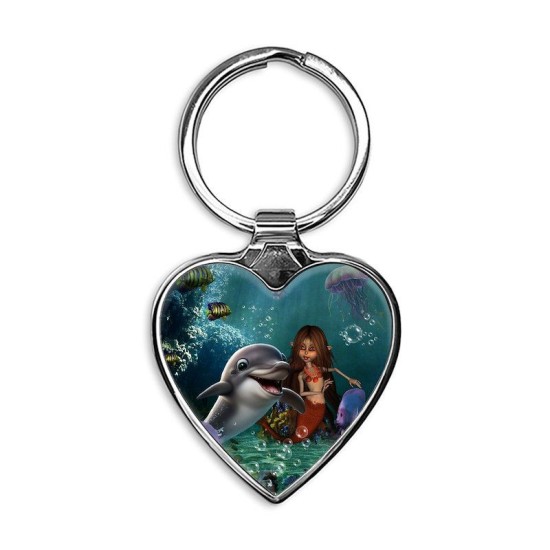 Cute mermaid and funny dolphin Heart Keychain Cute mermaid and funny dolphin Heart Keychain