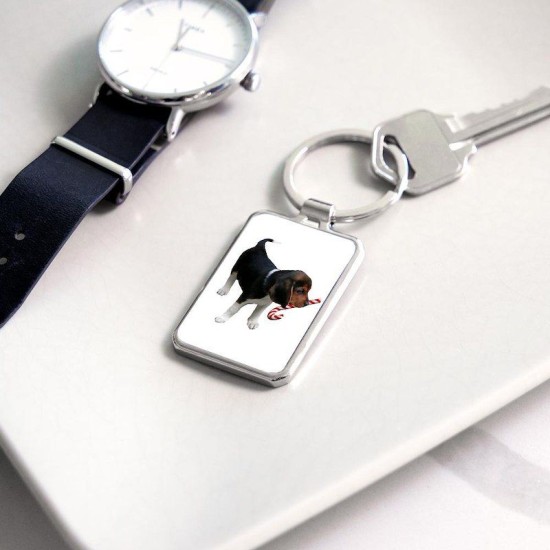 Beagle Puppy With Candy Cane Rectangle Keychain Beagle Puppy With Candy Cane Rectangle Keychain
