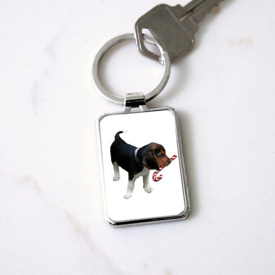 Beagle Puppy With Candy Cane Rectangle Keychain Beagle Puppy With Candy Cane Rectangle Keychain