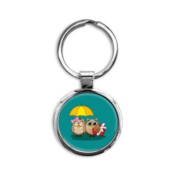 Cute Owl Lovers w/ Umbrella & Red Circle Keychain