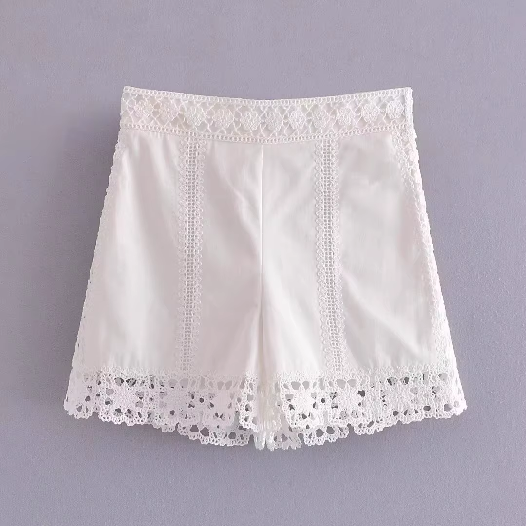 Women's Casual Fashion Ivory Linen Laser Embroidery Hollow Shorts Set Women's Casual Fashion Ivory Linen Laser Embroidery Hollow Shorts Set
