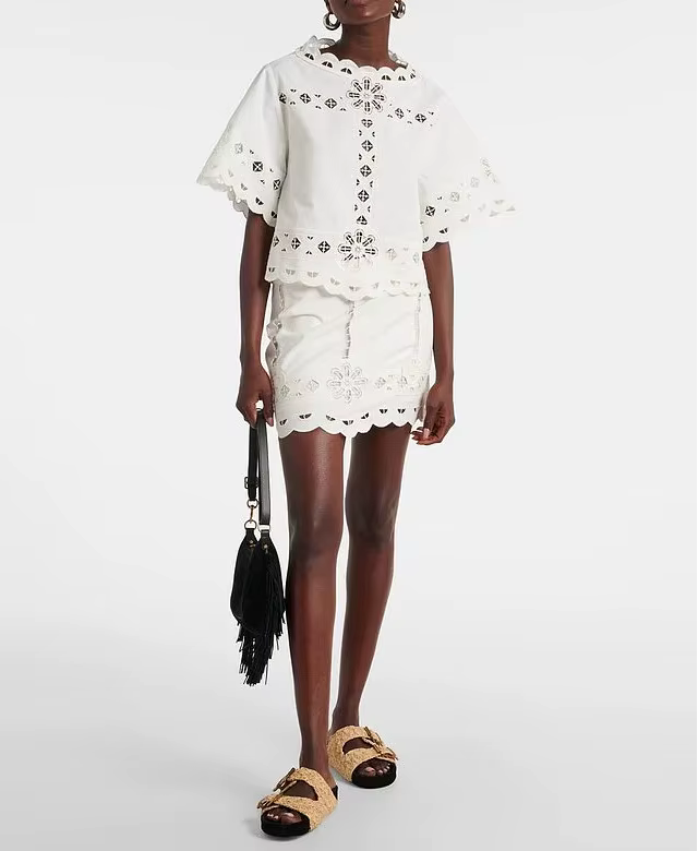 Summer Women's Casual Fashion Ivory Linen Laser Embroidery Hollow Splicing Crochet Traf Blouses Shorts Set Summer Women's Casual Fashion Ivory Linen Laser Embroidery Hollow Splicing Crochet Traf Blouses Shorts Set