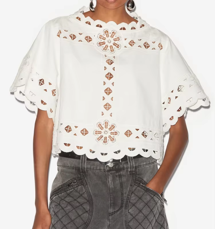 Summer Women's Casual Fashion Ivory Linen Laser Embroidery Hollow Splicing Crochet Traf Blouses Shorts Set